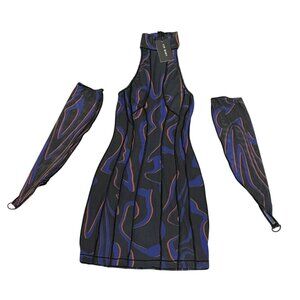 AMOR MIA Mock Neck Dress in Black Blue Swirls